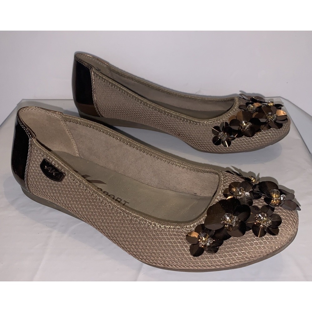 Ann Klein AK Sport AK Ballernia‎ Flats Shoe 6M Lt Brown Floral Embellished